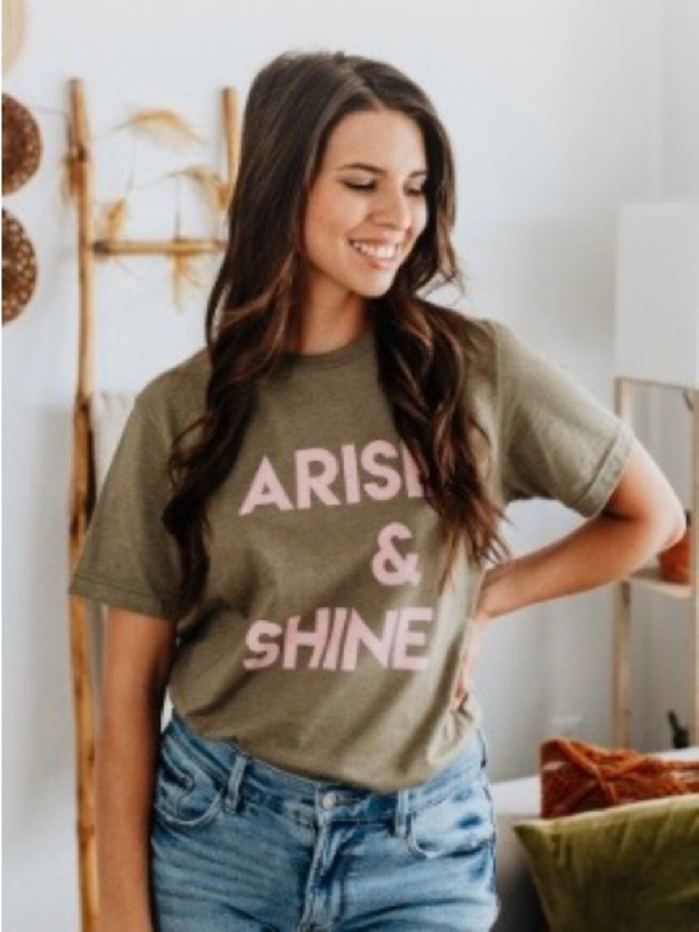 Olive Graphic Tee with Pink 'Arise & Shine' Print
